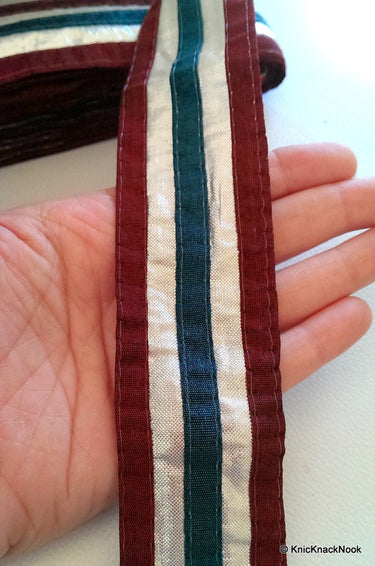 Maroon, Silver And Teal Shimmer Trim Lace, 43 mm Wide